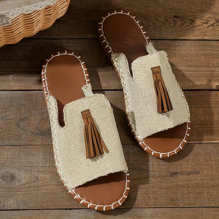 Momount Sandálias Rasas de Mulher Conforto Slip-On Casual de Verão Apoio Almofadado Leve Bico Aberto Boho com Borlas