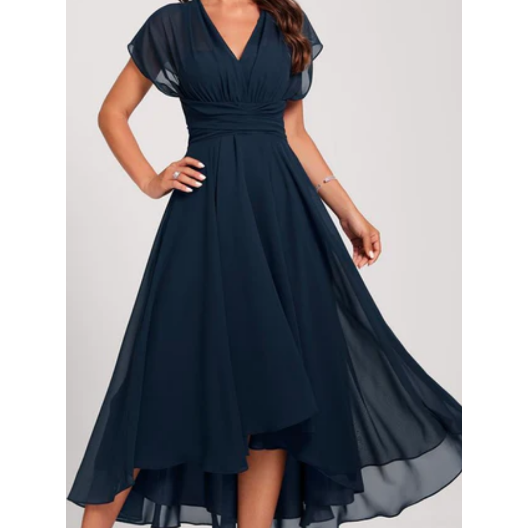 Thessalonia | Vestido Midi Elegante em Chiffon Decote em V Bainha Assimétrica
