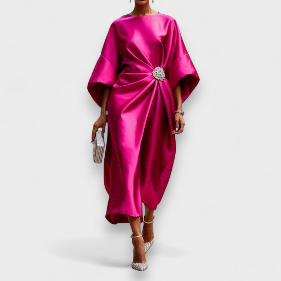 Momount Vestido Midi Mulher – Cetim Drapeado Elegante com Mangas Morcego