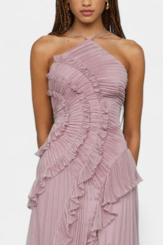 Momount Vestido Maxi Halter Plissado com Folhos em Cascata de Mulher – Convidada de Casamento e Festa de Verão