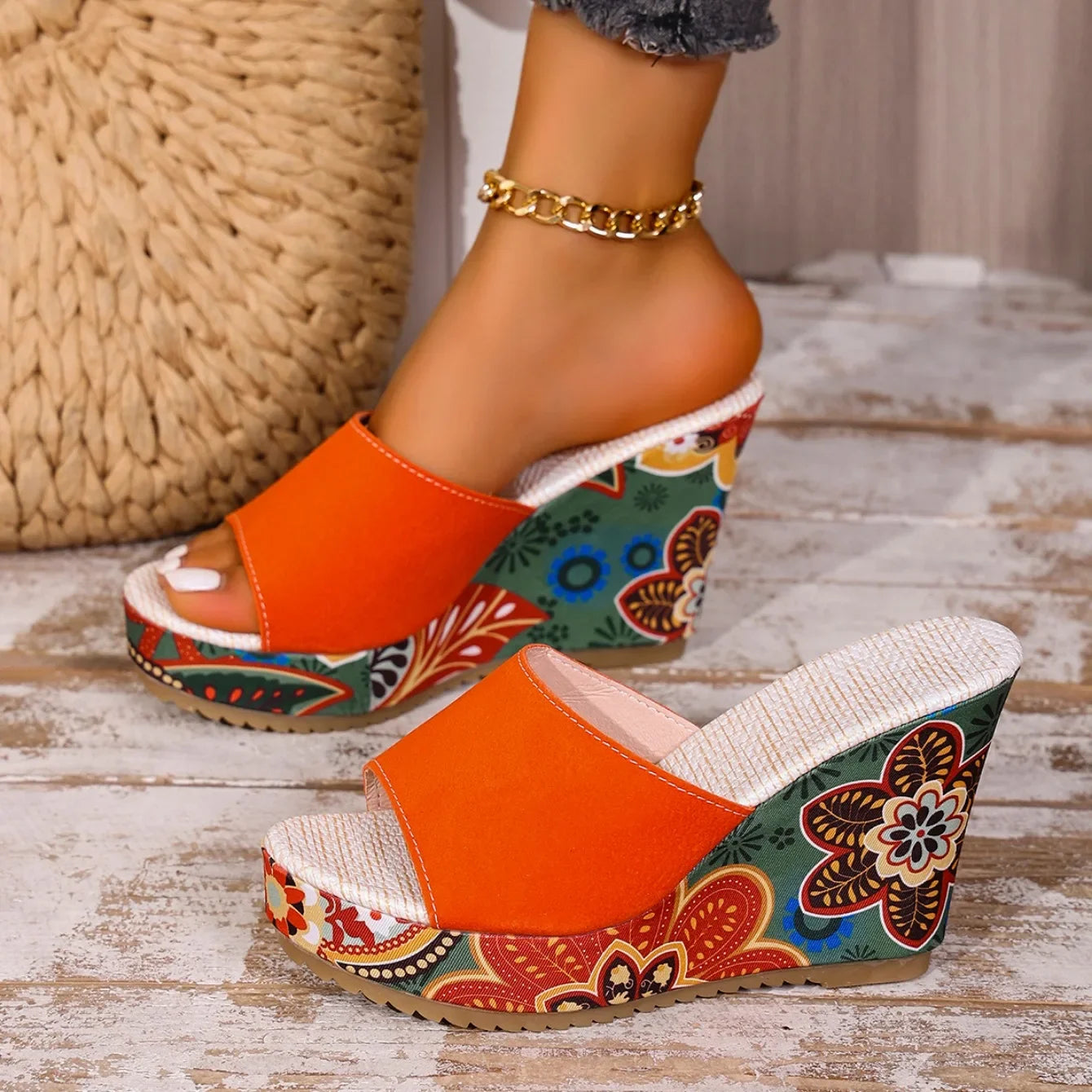 Momount Sandálias de Cunha Mulher – Camurça Estampada Floral Plataforma Slide Boho