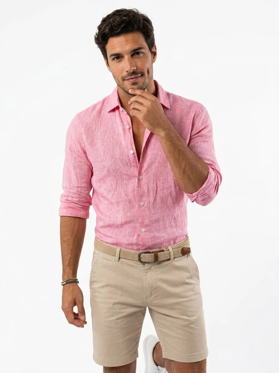 Momount Men Linen Shirt – Long Sleeve Turn Down Collar Summer Casual - Pink - front