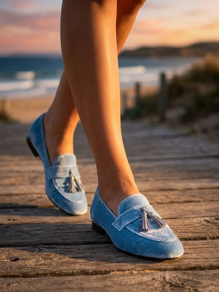 Women's Tassel Loafers – Slip-On Flat Closed Toe - Blue - lifestyle_beach