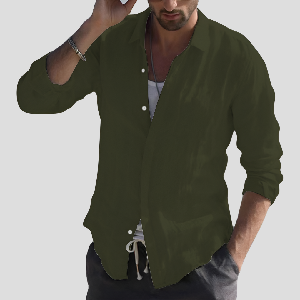 Momount Camisa de Linho de Homem – Manga Comprida com Gola Virada e Botões Clássica