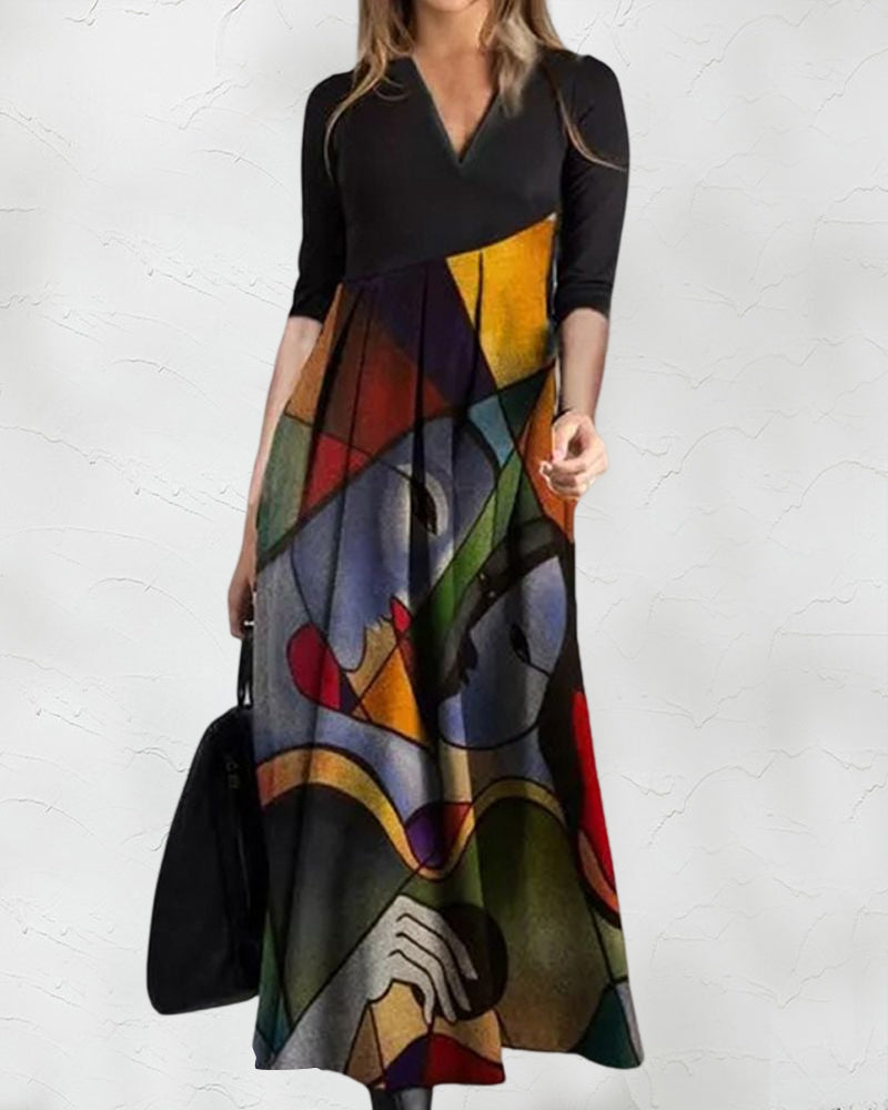 Cassellia | Vestido Maxi Linha A Decote em V com Estampado Abstracto | Verão Momount