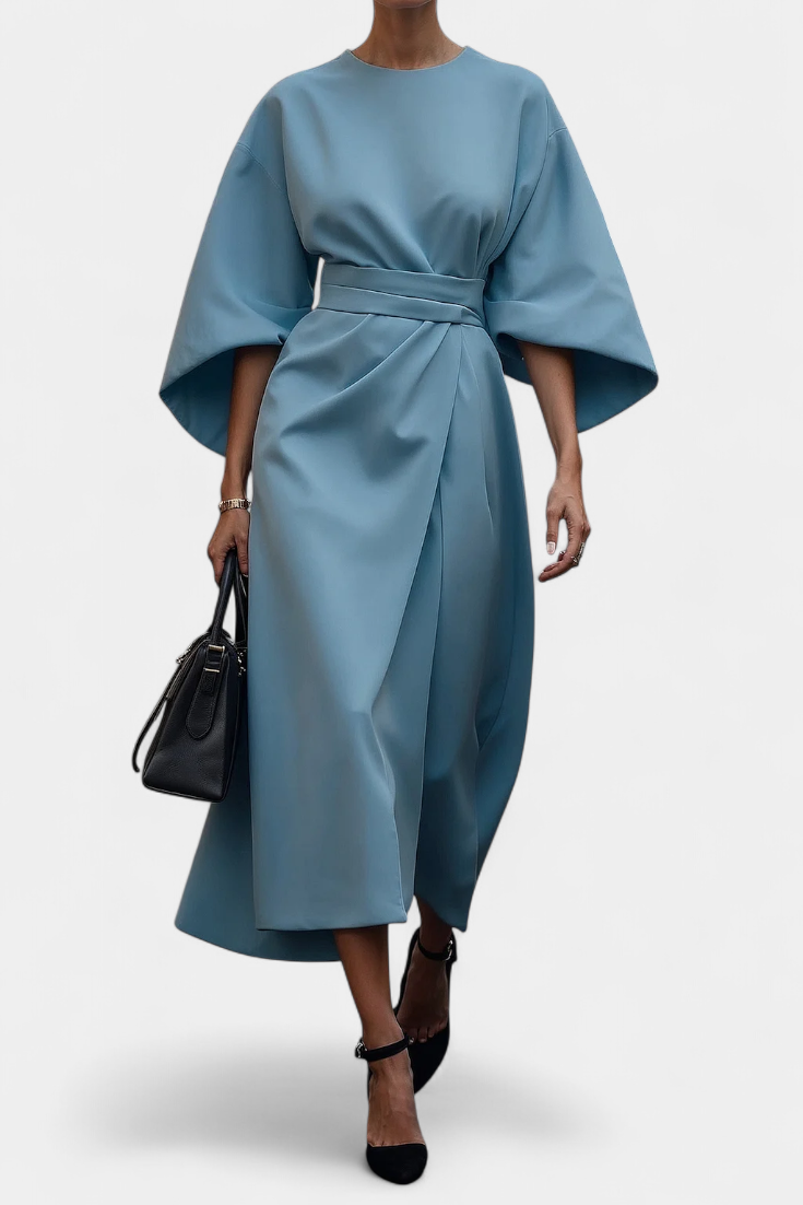 Momount Vestido Midi de Trabalho de Mulher – com Cinto Corte Solto Manga Larga Elegante de Escritório