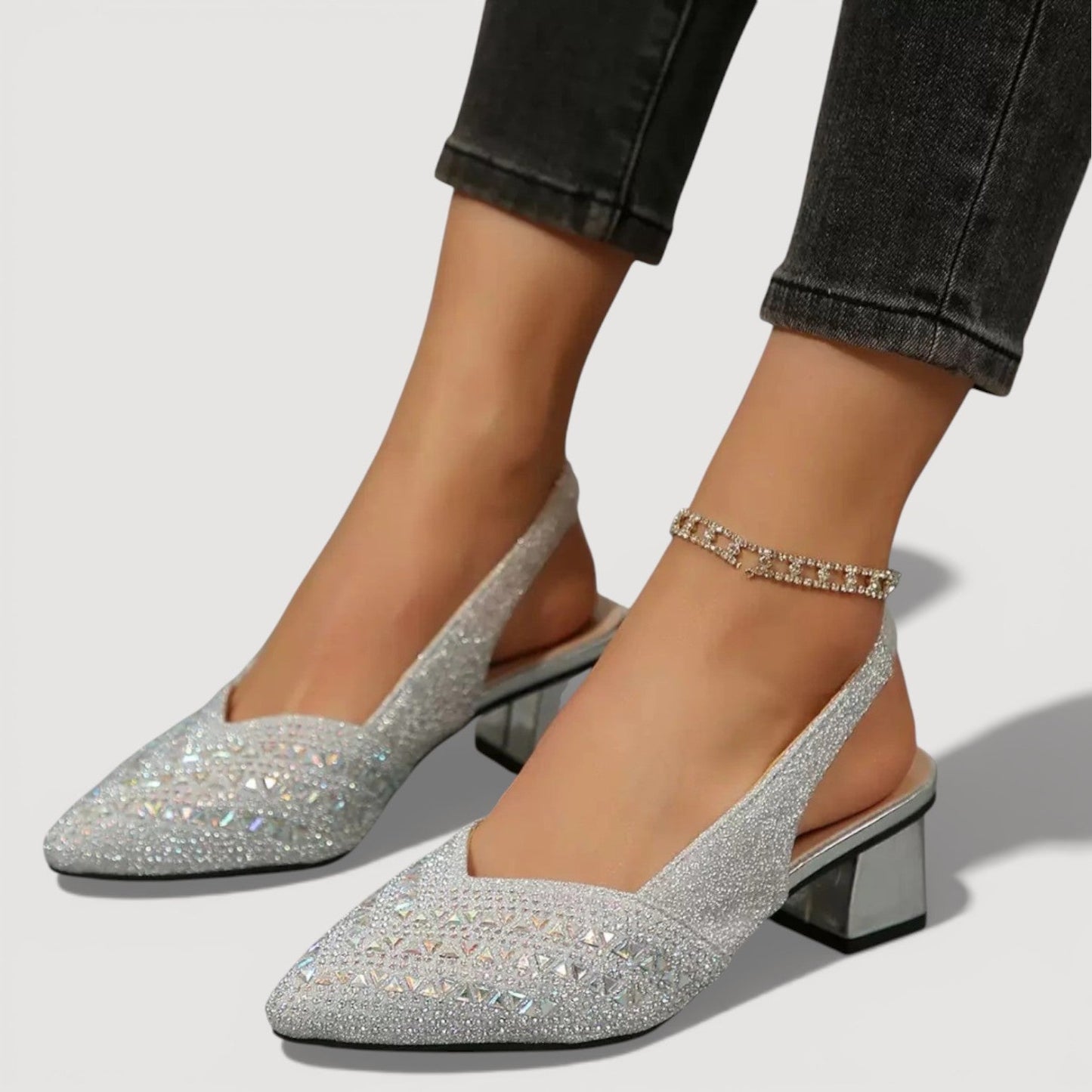 Momount Sapatos Salto Slingback Mulher – Strass Bico Fino Tacão Largo Baixo Decote em V