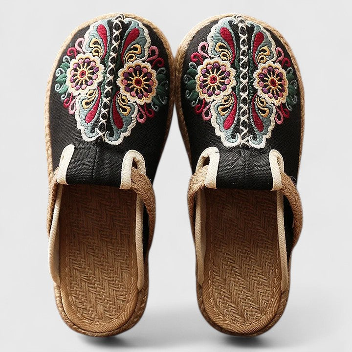 Momount Mulher Mules Bordadas – Lona Floral Sola de Juta Sem Atacadores Bico Fechado