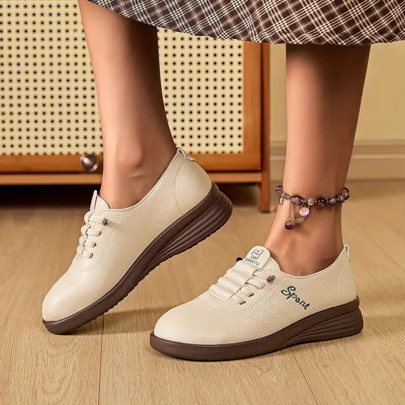 Momount Mulher Mocassins com Atacadores – Pele Bico Redondo Plataforma Plana Conforto Casual