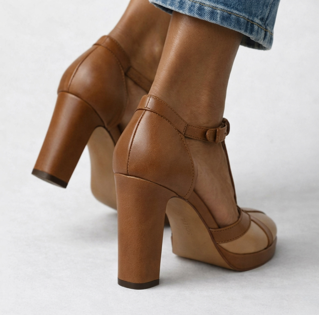 Momount Sapatos Salto T-Bar com Plataforma Mulher – Pele Bicolor Tacão Largo Tira no Tornozelo