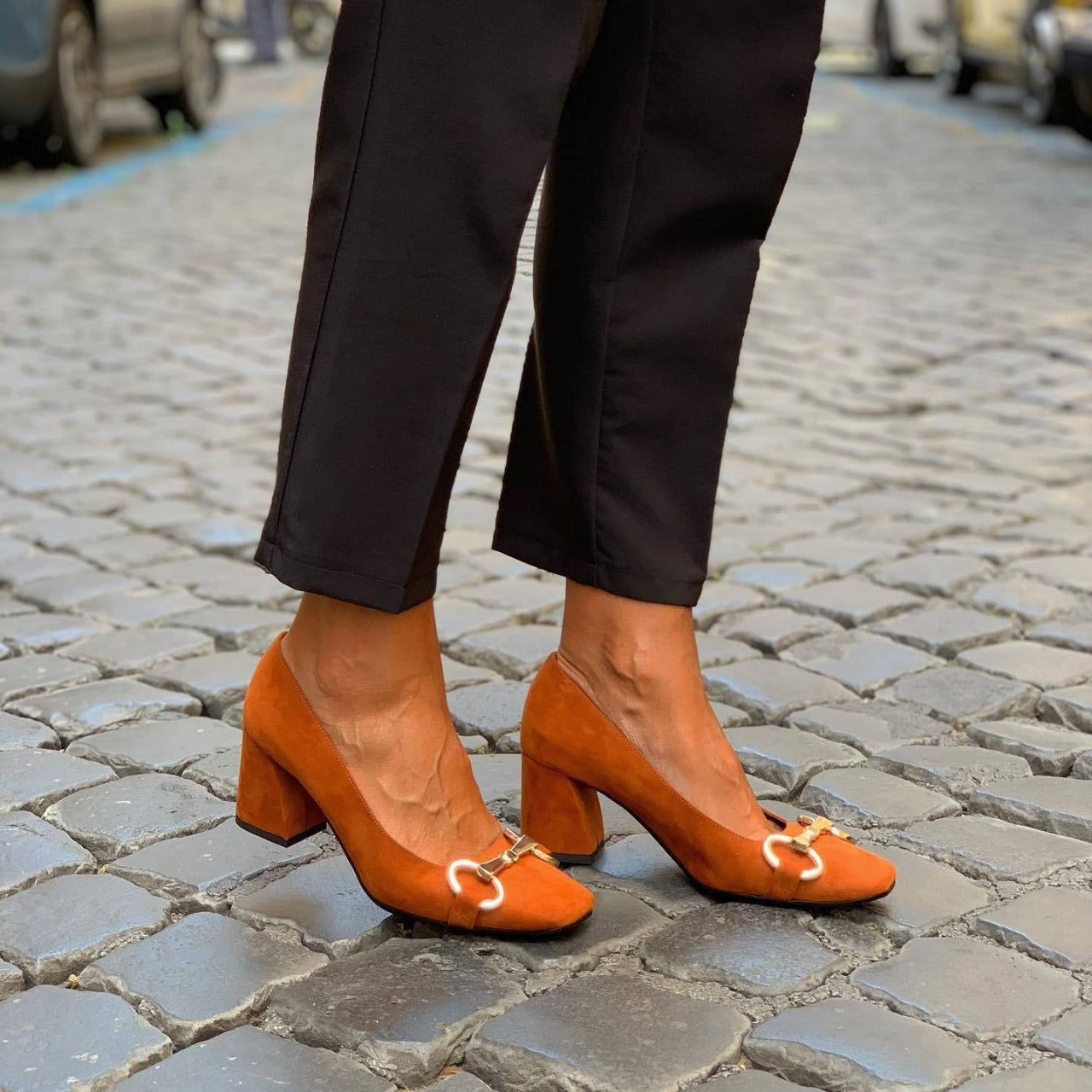 Momount Escarpins de Salto Largo Mulher – Camurça Fivela Bico Quadrado Salto Baixo Sapatos de Escritório