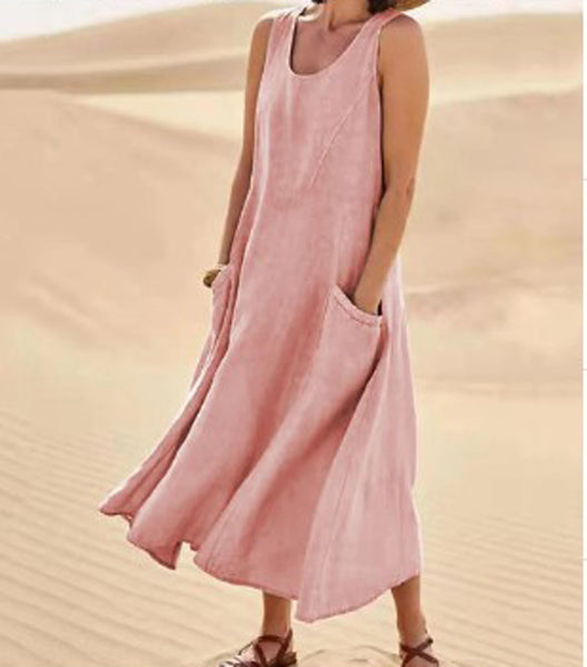 Melisande | Vestido Maxi em Linho Decote Redondo Largo