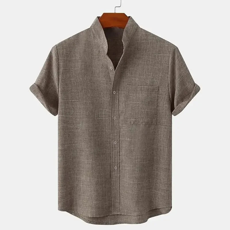 Momount Camisa de Linho de Homem – Manga Curta com Gola Banda e Bolso ao Peito de Verão