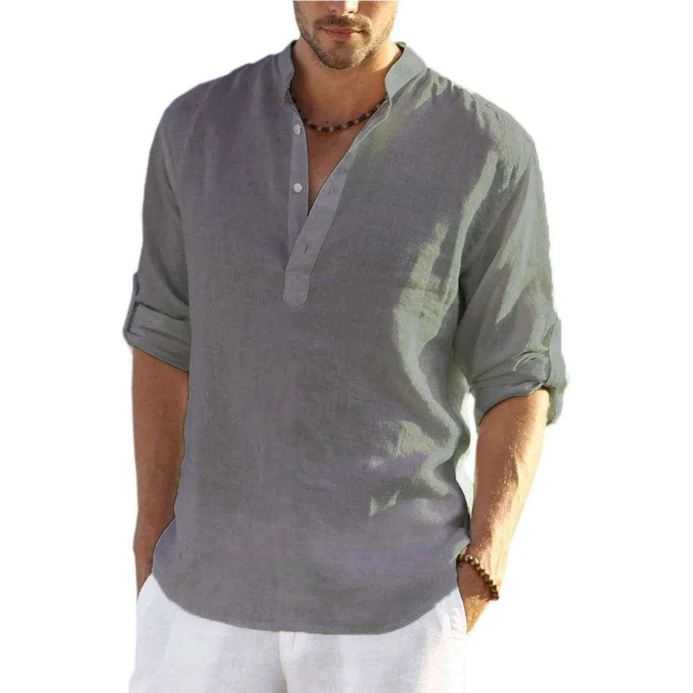 Momount Camisa Henley em Linho de Homem – Manga Comprida com Gola Banda Casual