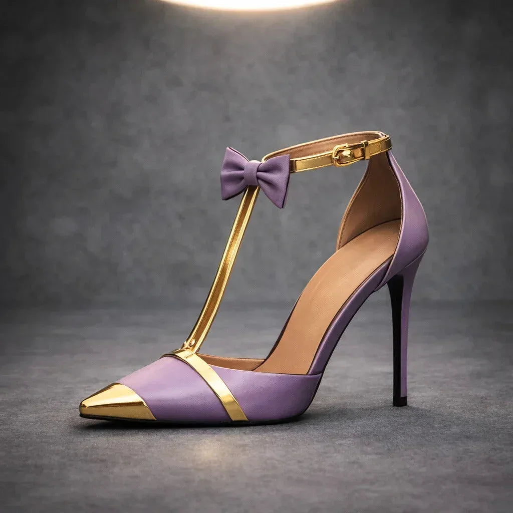 Momount Mulher Sapatos Stiletto Tira em T – Laço Bico Fino Bico em Contraste Tira no Tornozelo