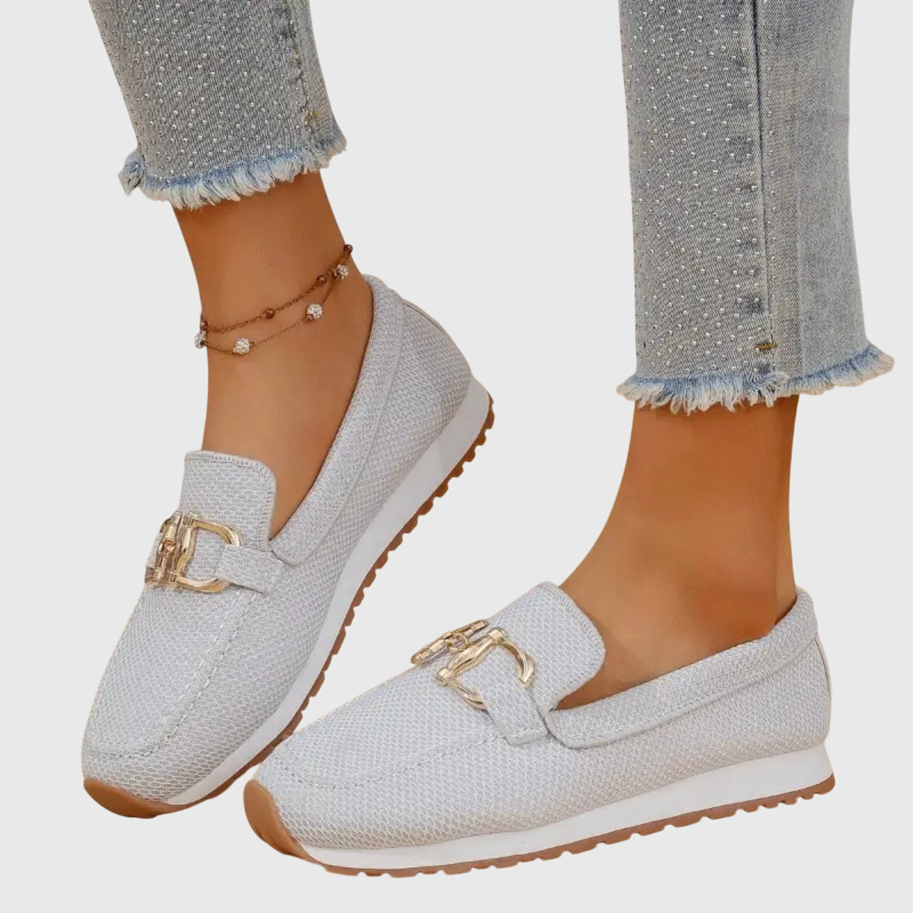 Momount Mulher Mocassins em Malha – Rede Plataforma Slip-On com Detalhe Dourado Conforto