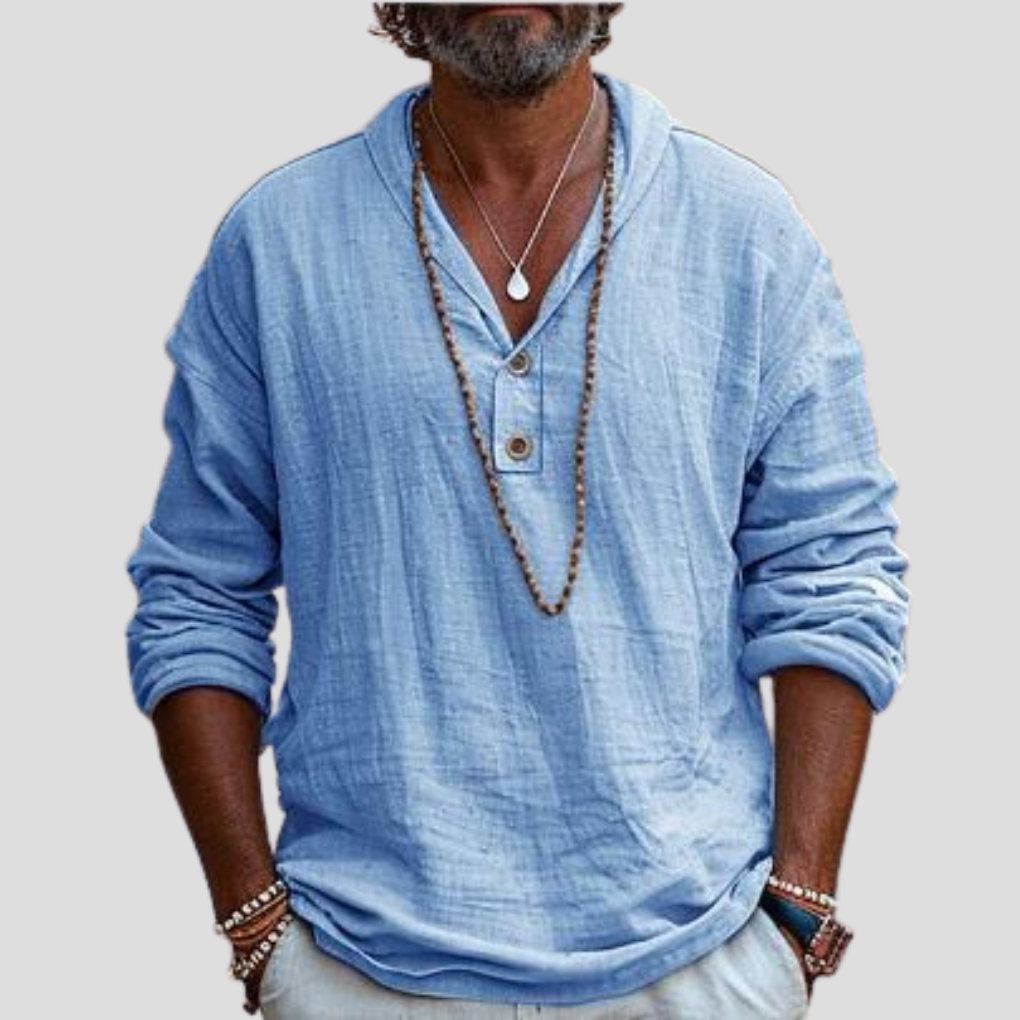 Momount Camisa Henley em Linho de Homem – Manga Comprida com Gola Banda Casual Refinada