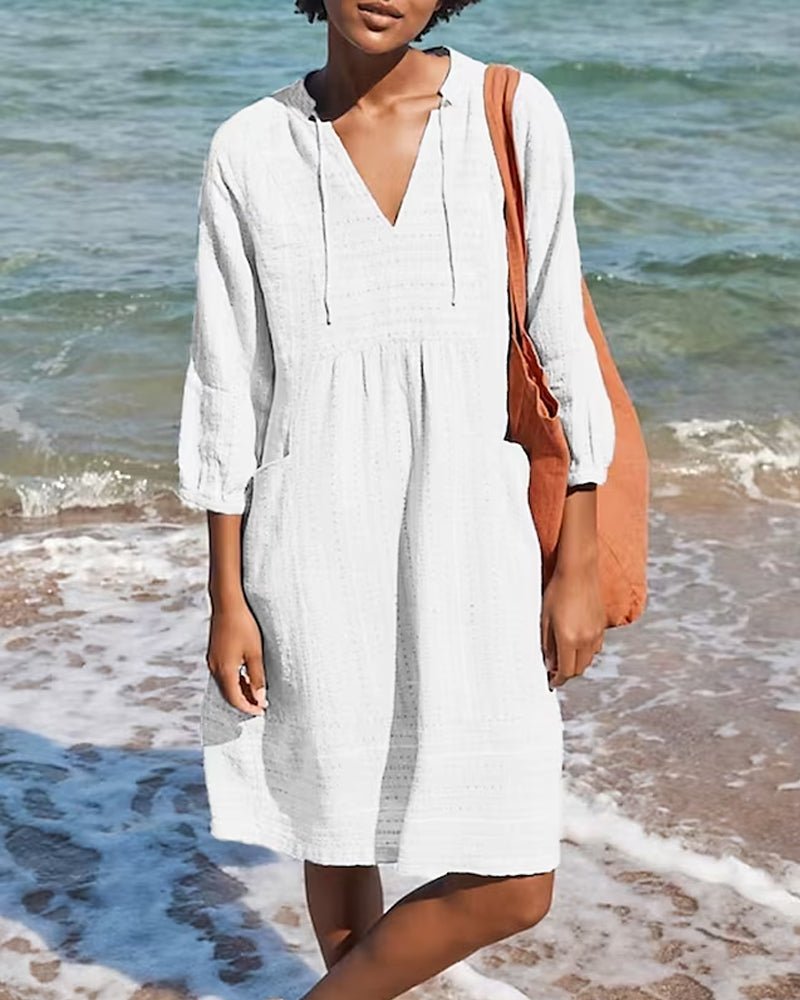 Persephone | Vestido Túnica de Praia em Algodão com Capuz Decote em V