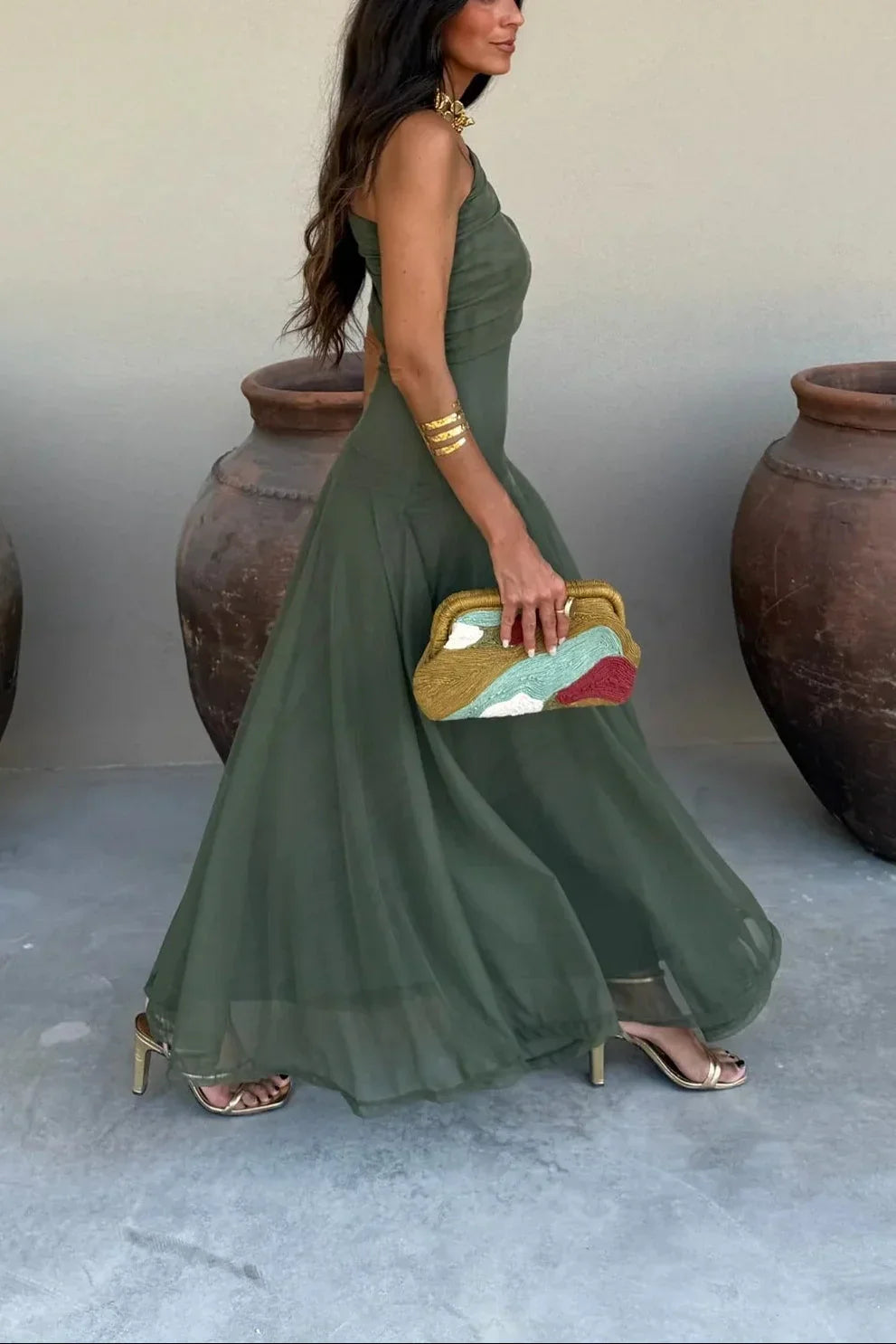 Ariadne | Vestido Comprido Chic Drapeado Um Ombro Franzido Sem Mangas Verão