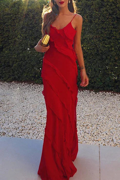 Rosalba | Vestido Comprido Boho em Chiffon com Folhos Decote em V Racha Alta Verão