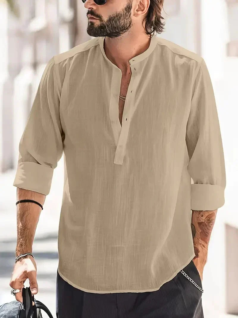 Momount Camisa Henley em Linho de Homem – Manga Comprida com Gola em Pé de Verão