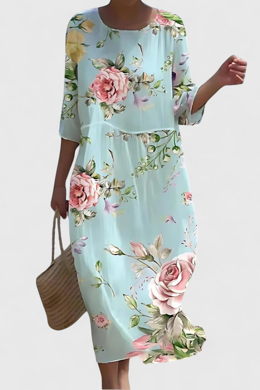 Momount Vestido Midi Floral Mulher – Manga 3/4 Ajuste Largo Casual para a Praia de Verão