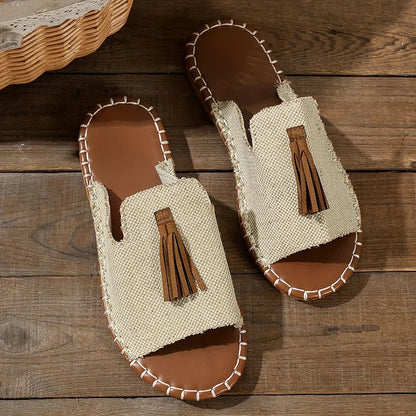 Momount Sandálias Rasas de Mulher Conforto Slip-On Casual de Verão Apoio Almofadado Leve Bico Aberto Boho com Borlas