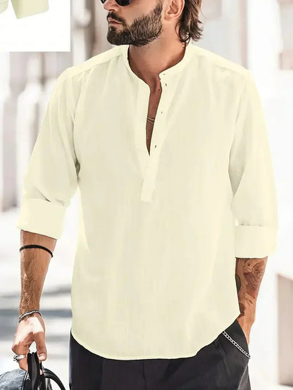 Momount Camisa Henley em Linho de Homem – Manga Comprida com Gola em Pé de Verão