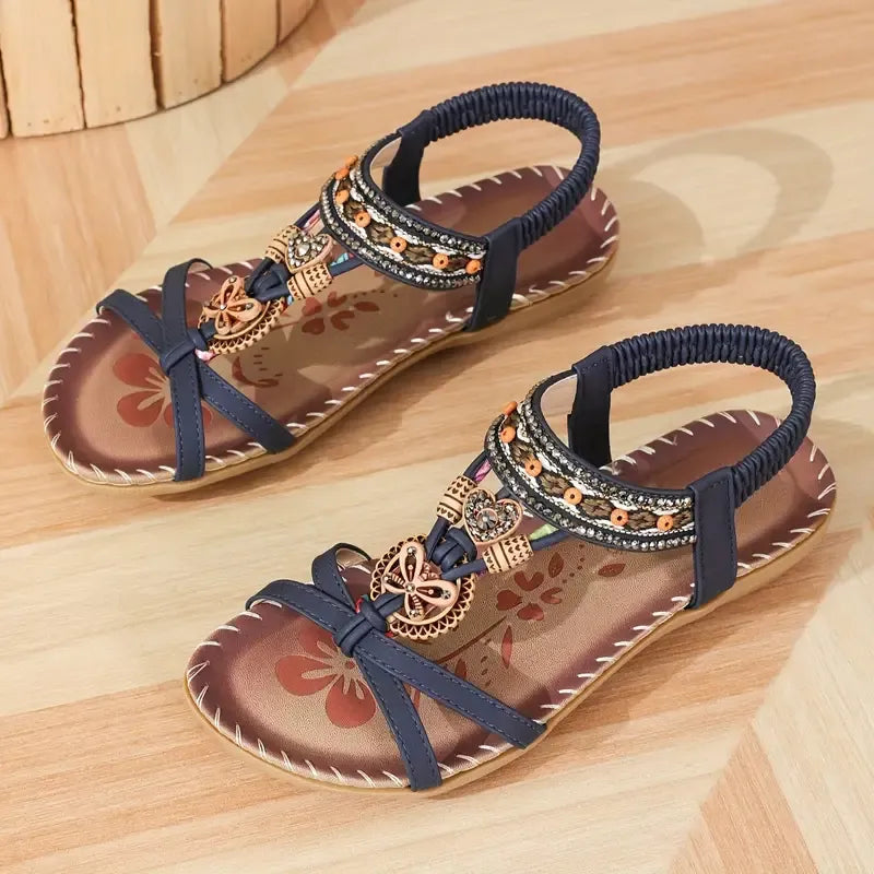 Momount Sandálias com Tira Posterior Mulher – Verde Água Boho com Missangas e Strass Rasas