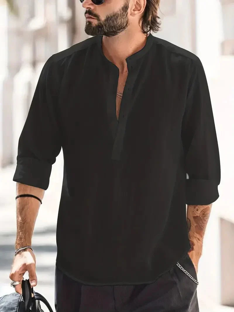 Momount Camisa Henley em Linho de Homem – Manga Comprida com Gola em Pé de Verão