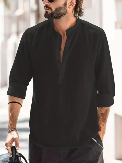 Momount Camisa Henley em Linho de Homem – Manga Comprida com Gola em Pé de Verão