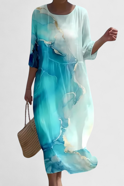 Momount Vestido Midi Floral Mulher – Manga 3/4 Ajuste Largo Casual para a Praia de Verão