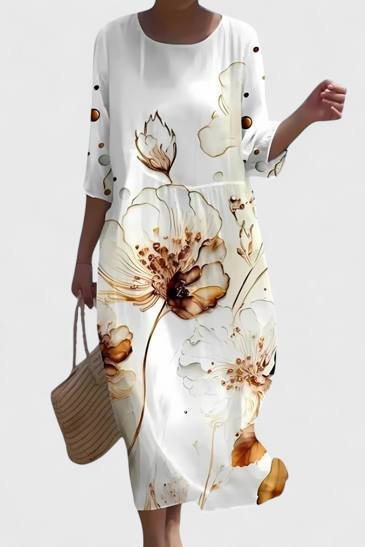 Momount Vestido Midi Floral Mulher – Manga 3/4 Ajuste Largo Casual para a Praia de Verão