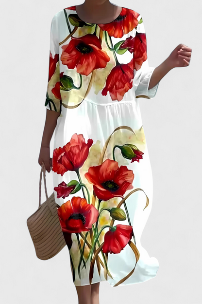 Momount Vestido Midi Floral Mulher – Manga 3/4 Ajuste Largo Casual para a Praia de Verão