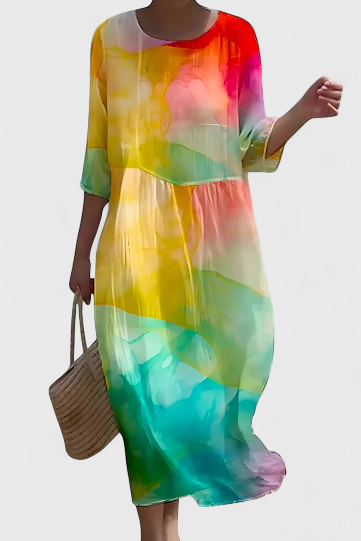 Momount Vestido Midi Floral Mulher – Manga 3/4 Ajuste Largo Casual para a Praia de Verão