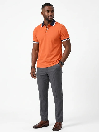 Momount Men Polo Shirt – Contrast Collar Striped Cuff Short Sleeve - Orange - 3/4