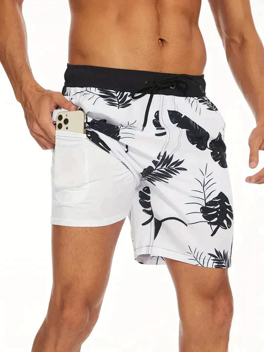 Momount Calções de Banho Homem – Estampado Folha Tropical Bolso para Telemóvel Forro em Rede