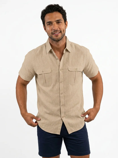 Momount Men Linen Shirt – Short Sleeve Double Chest Pocket Utility Casual - Apricot - front