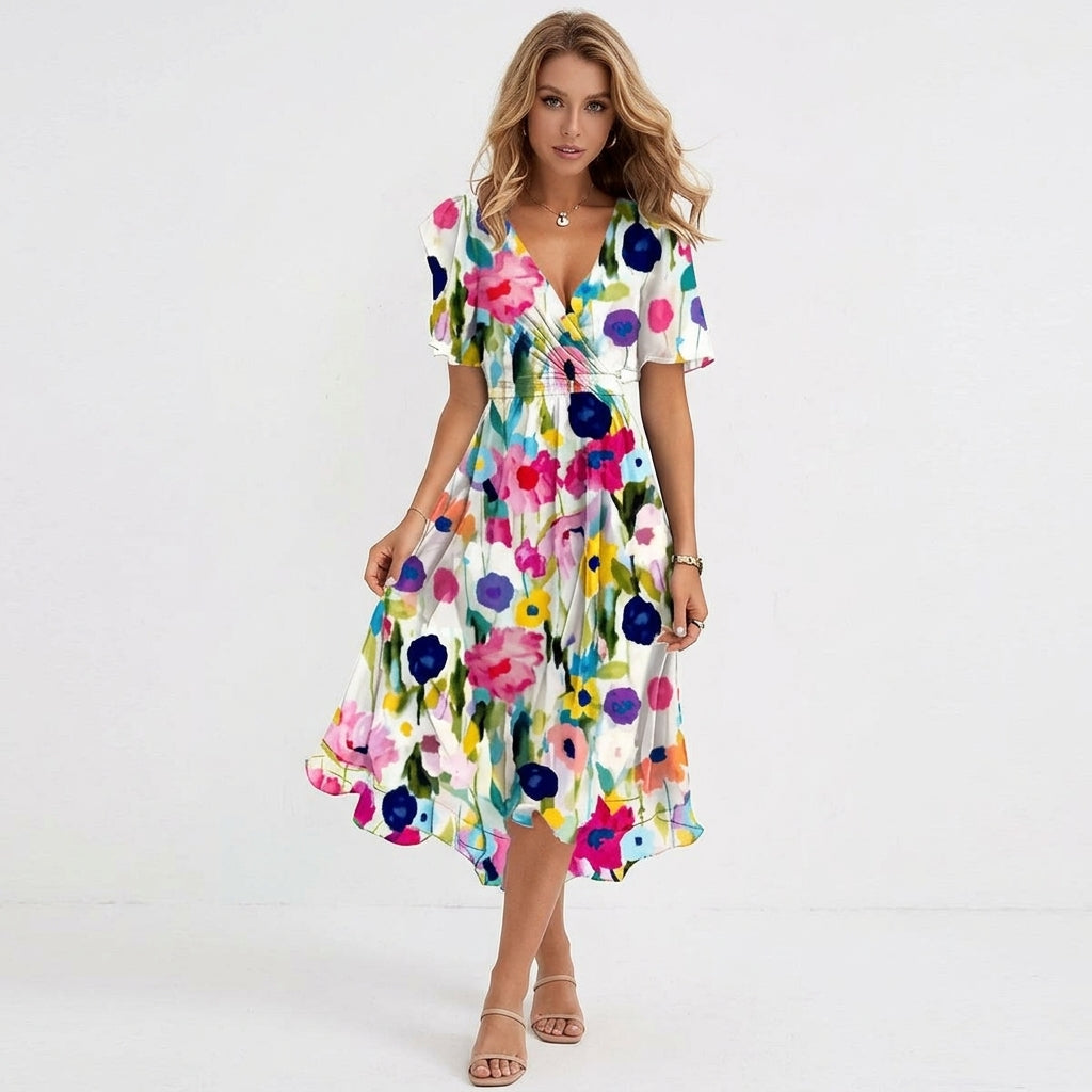 Adele Floral Summer Midi Dress | Casual, Timeless, Effortless - White - front