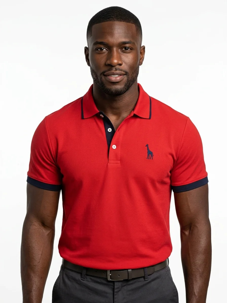 Momount Men Polo Shirt – Contrast Collar Embroidered Logo Short Sleeve - Red - front