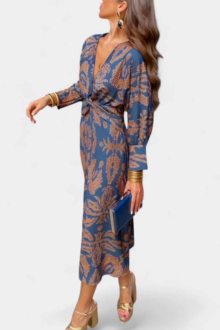 Momount Vestido Midi Justo Mulher – Manga Comprida Torcido Elegante