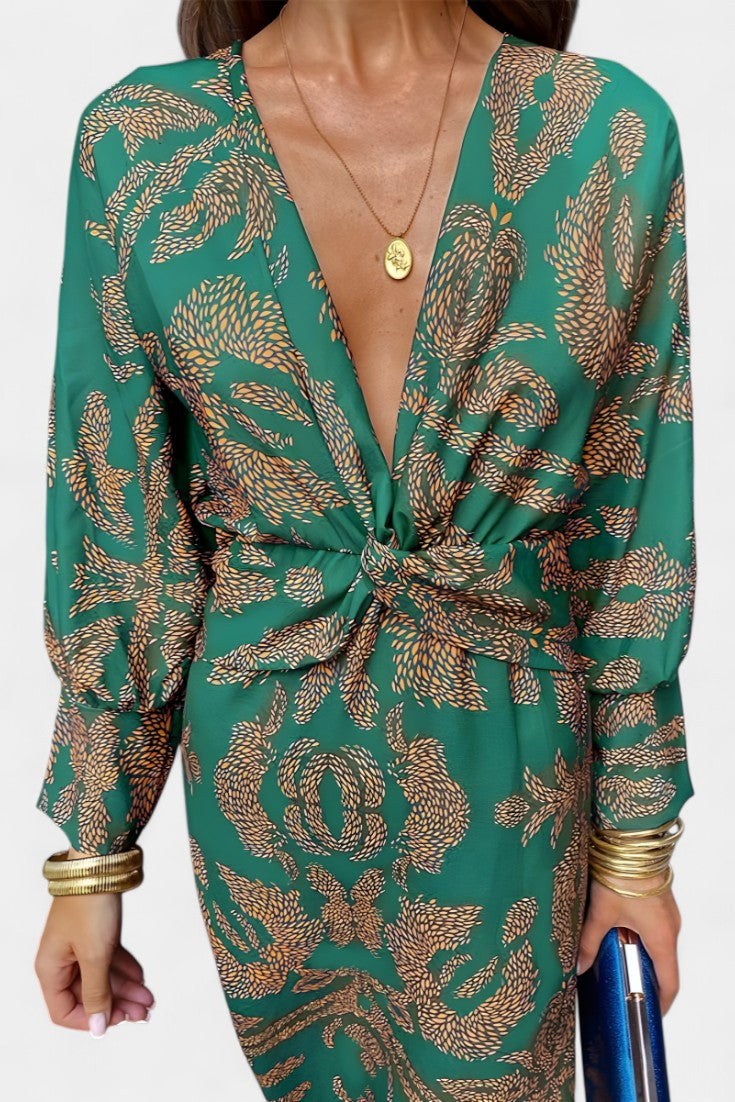 Momount Vestido Midi Justo Mulher – Manga Comprida Torcido Elegante