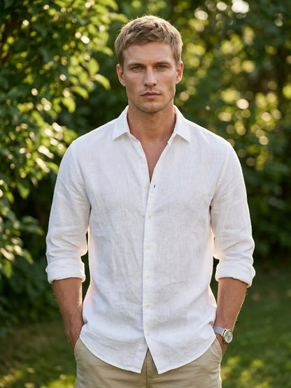 Momount Men Linen Shirt – Long Sleeve Button Up Relaxed Fit Beach - White - lifestyle_garden