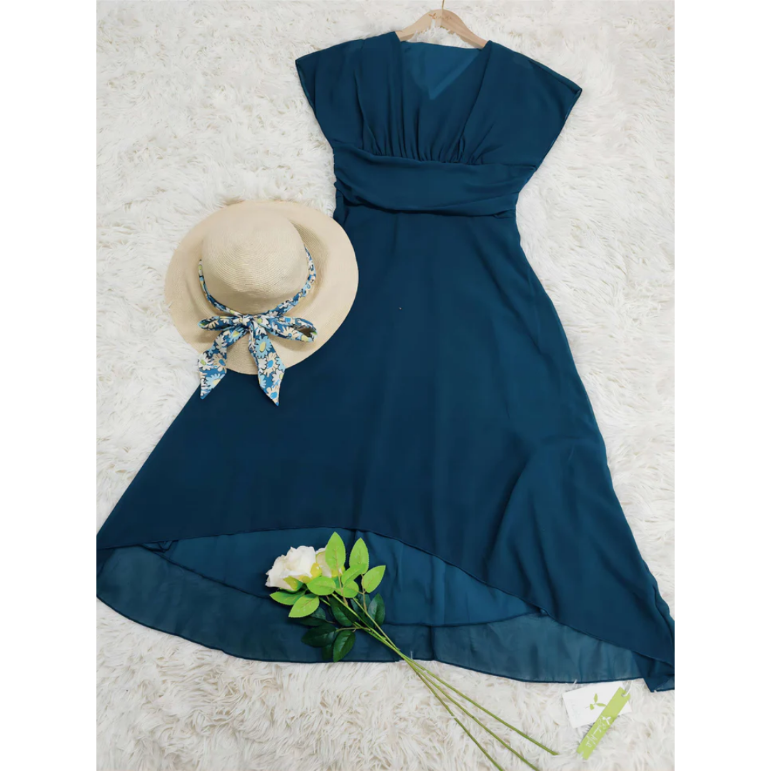 Thessalonia | Vestido Midi Elegante em Chiffon Decote em V Bainha Assimétrica