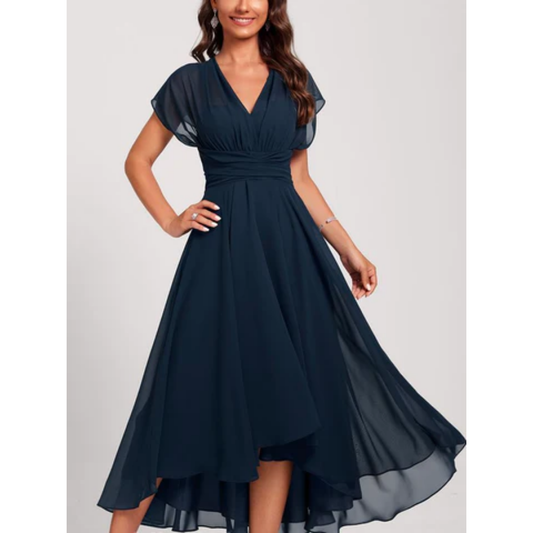 Thessalonia | Vestido Midi Elegante em Chiffon Decote em V Bainha Assimétrica