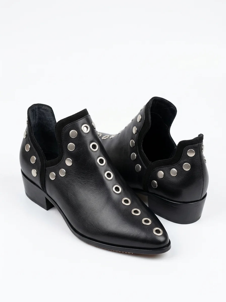 Women's Studded Ankle Boots – Pointed Toe Wide Block Heel - Black - 3/4