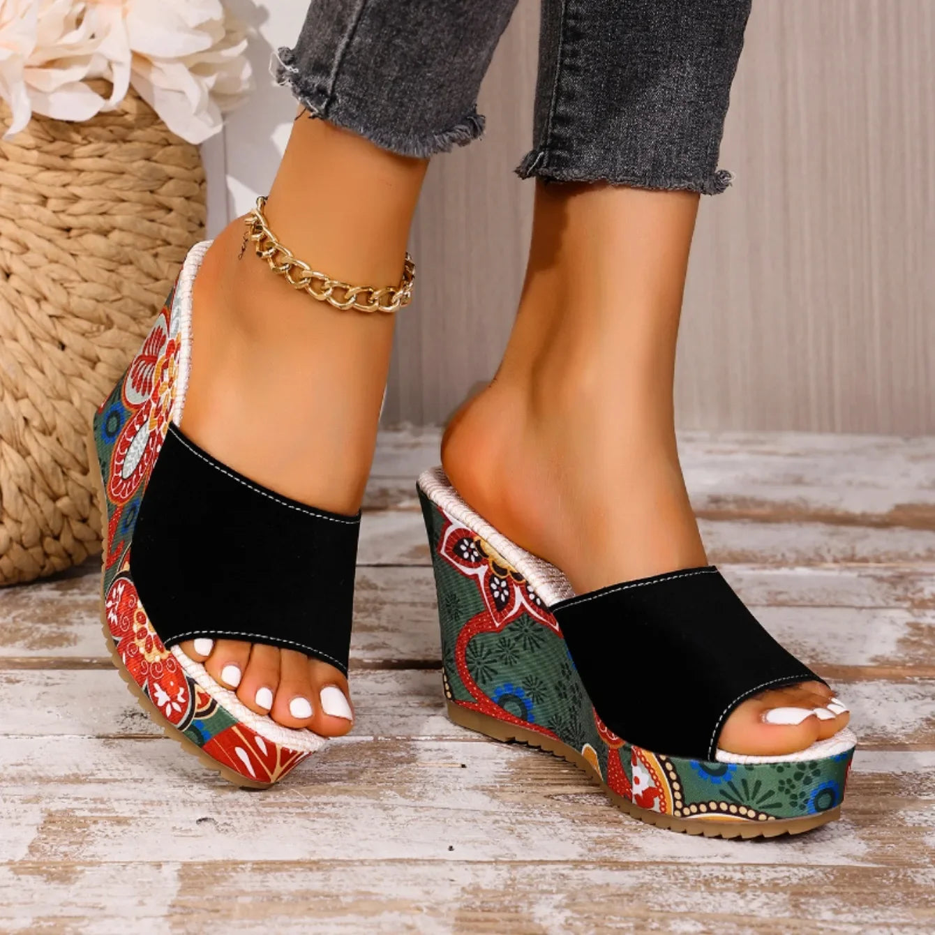 Momount Sandálias de Cunha Mulher – Camurça Estampada Floral Plataforma Slide Boho