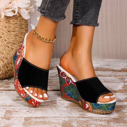 Momount Sandálias de Cunha Mulher – Camurça Estampada Floral Plataforma Slide Boho