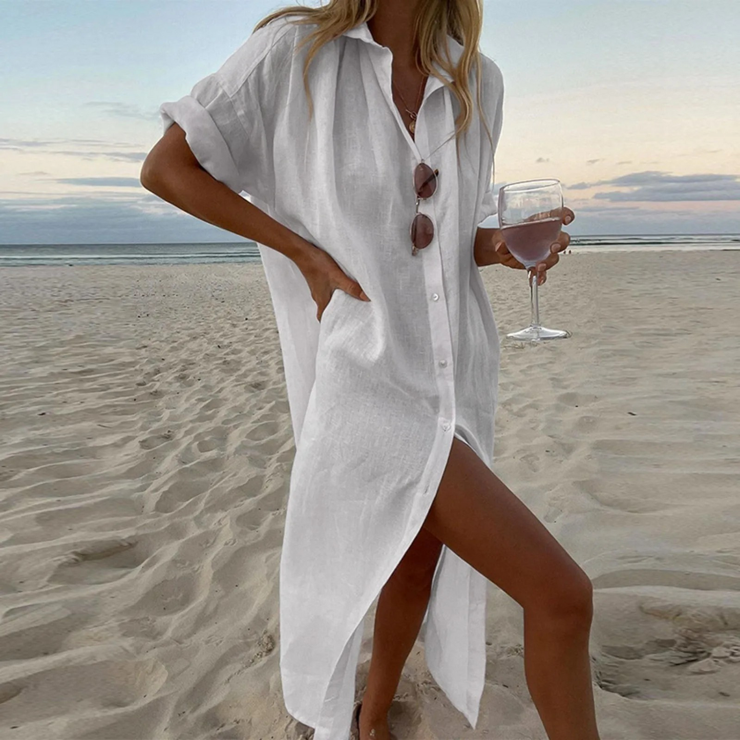 Esmeralda | Vestido Maxi de Praia em Linho com Botões | Verão Momount