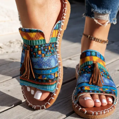 Momount Sandálias Rasas de Mulher Conforto Slip-On Casual de Verão Apoio Almofadado Leve Bico Aberto Boho com Borlas